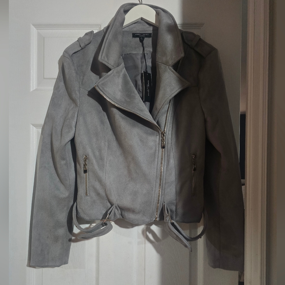 Romeo & Juliet Couture Light Gray Suedette Asymmetrical Moto Jacket